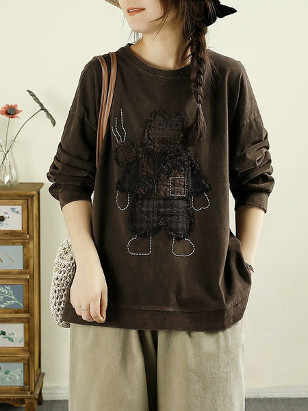 Women Autumn Vintage Cartoon Patch O-Neck Cotton Sweatshirt BA1039 Genistyle Shop