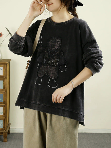 Women Autumn Vintage Cartoon Patch O-Neck Cotton Sweatshirt BA1039 Genistyle Shop