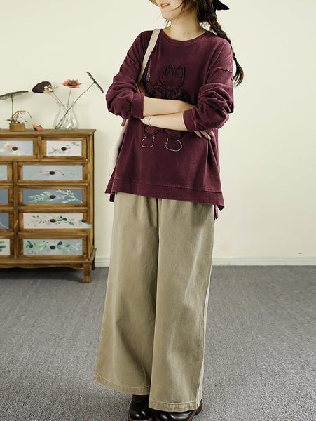 Women Autumn Vintage Cartoon Patch O-Neck Cotton Sweatshirt BA1039 Genistyle Shop