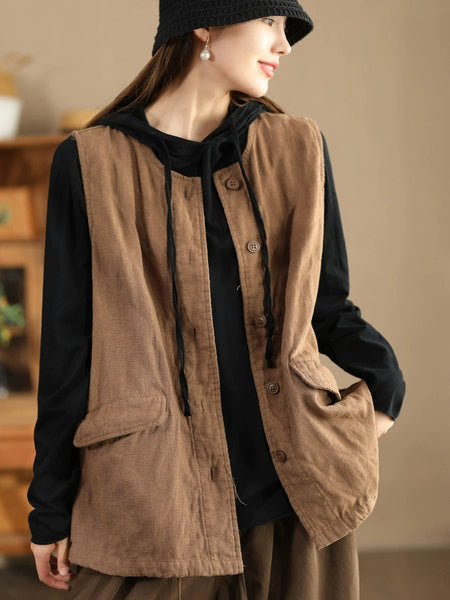Women Retro Solid O-Neck Cotton Vest Coat BA1049 Genistyle Shop