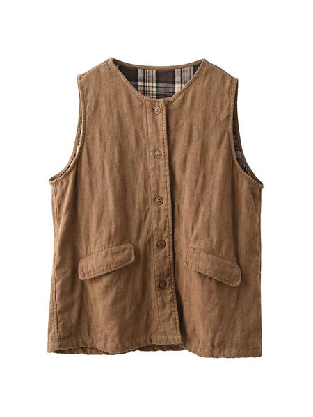 Women Retro Solid O-Neck Cotton Vest Coat BA1049 Genistyle Shop