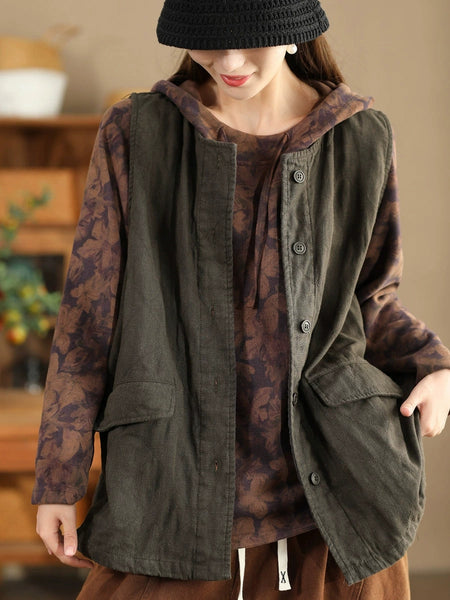 Women Retro Solid O-Neck Cotton Vest Coat BA1049 Genistyle Shop