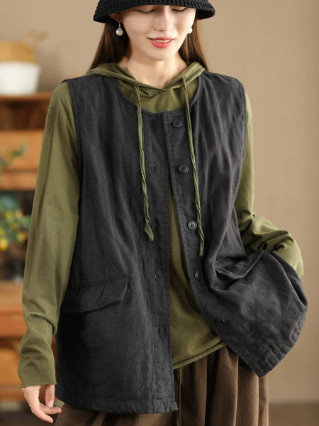 Women Retro Solid O-Neck Cotton Vest Coat BA1049 Genistyle Shop