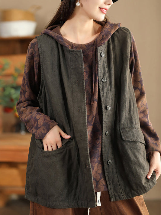 Women Retro Solid O-Neck Cotton Vest Coat BA1049 Genistyle Shop