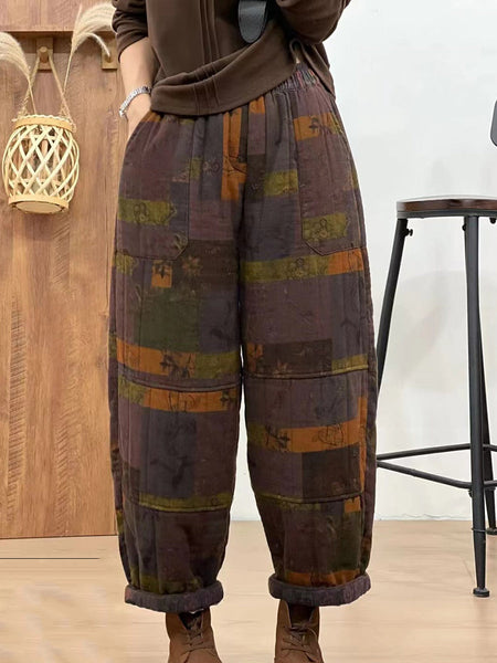 Women Autumn Retro Cotton Plaid Patch Straight Pants BA1061 Genistyle Shop