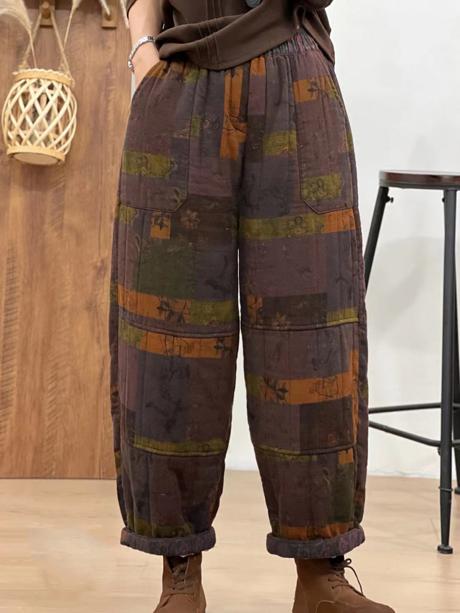 Women Autumn Retro Cotton Plaid Patch Straight Pants BA1061 Genistyle Shop