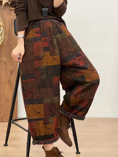 Women Autumn Retro Cotton Plaid Patch Straight Pants BA1061 Genistyle Shop