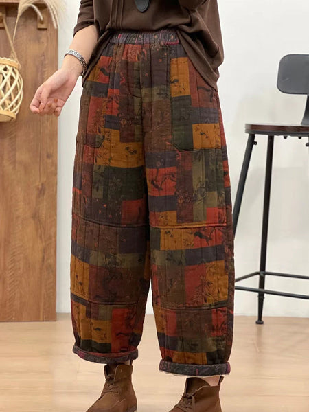 Women Autumn Retro Cotton Plaid Patch Straight Pants BA1061 Genistyle Shop