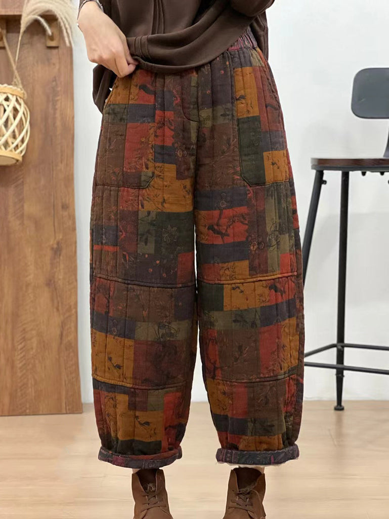 Women Autumn Retro Cotton Plaid Patch Straight Pants BA1061 Genistyle Shop