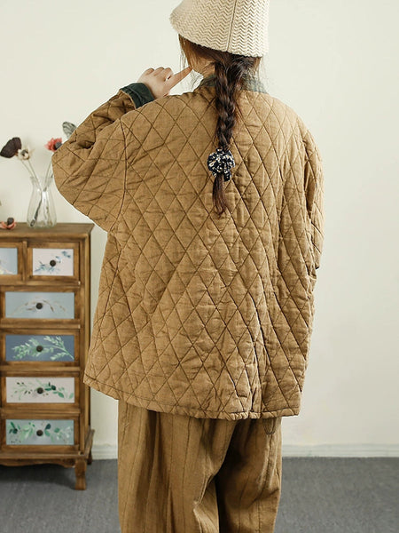 Women Retro Autumn Colorblock Buckle Cotton Stand Collar Coat BA1071 Genistyle Shop