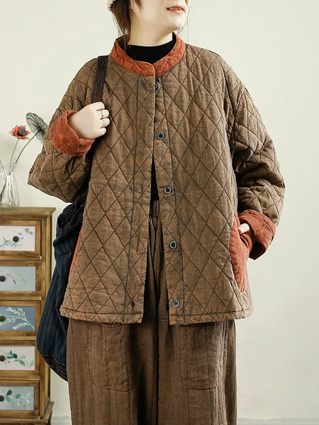 Women Retro Autumn Colorblock Buckle Cotton Stand Collar Coat BA1071 Genistyle Shop