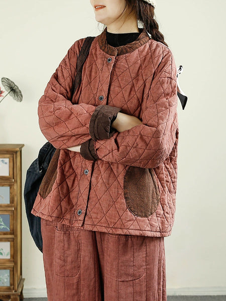 Women Retro Autumn Colorblock Buckle Cotton Stand Collar Coat BA1071 Genistyle Shop