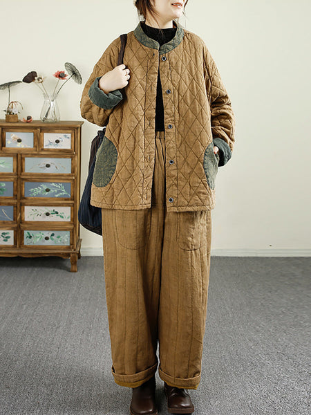 Women Retro Autumn Colorblock Buckle Cotton Stand Collar Coat BA1071 Genistyle Shop