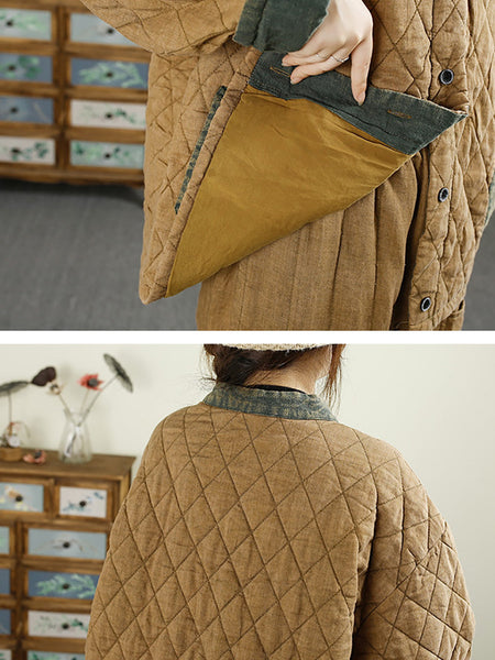 Women Retro Autumn Colorblock Buckle Cotton Stand Collar Coat BA1071 Genistyle Shop