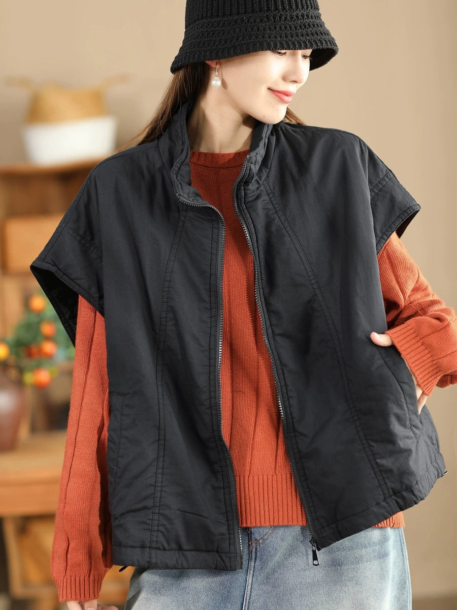 Women Retro Solid Stand Collar Cotton Vest Coat WG019 BUYKUD