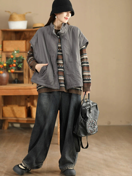Women Retro Solid Stand Collar Cotton Vest Coat WG019 BUYKUD