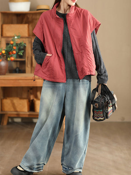 Women Retro Solid Stand Collar Cotton Vest Coat WG019 BUYKUD