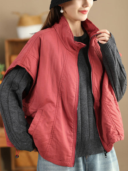 Women Retro Solid Stand Collar Cotton Vest Coat WG019 BUYKUD