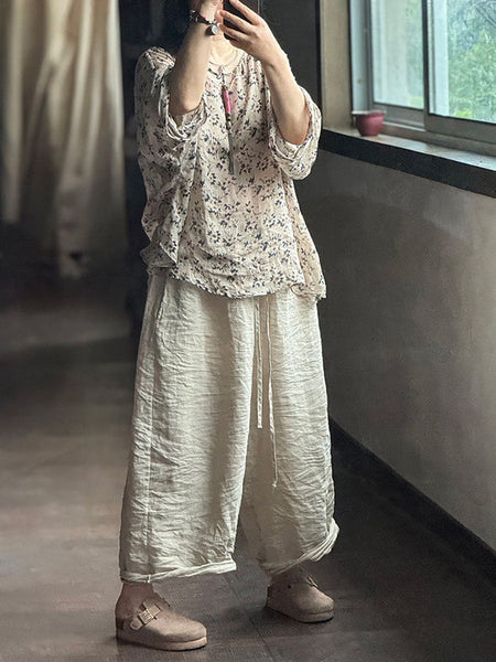 Ramie Solid Wide-leg Women Pants Loose Vintage Autumn FashionChic