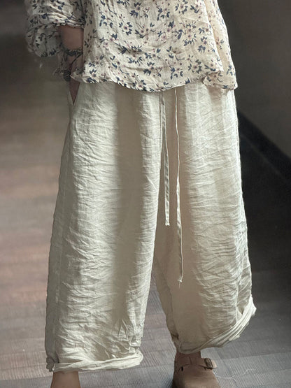 Ramie Solid Wide-leg Women Pants Loose Vintage Autumn FashionChic