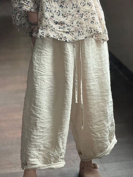 Women Vintage Autumn Solid Loose Ramie Wide-leg Pants BA1073 Genistyle Shop