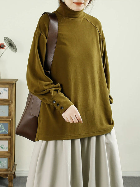 Women Casual Autumn Solid Tuetleneck Button Cotton Blouse BA1067 Genistyle Shop