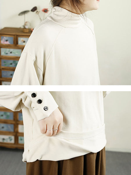 Women Casual Autumn Solid Tuetleneck Button Cotton Blouse BA1067 Genistyle Shop