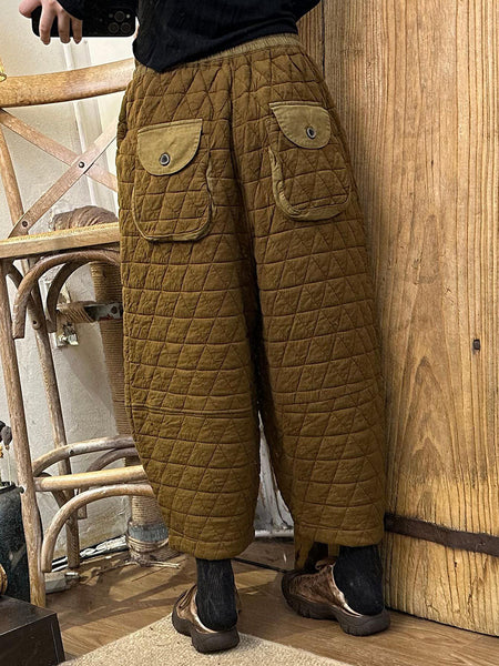 Women Autumn Retro Rhomboids Straight Cotton Pants BA1063 Genistyle Shop