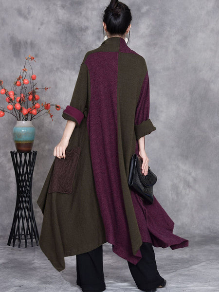 Women Autumn Artsy Irregular Colorblock V-Neck Cardigan Coat BA1057 Genistyle Shop