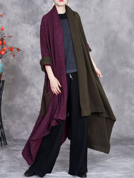 Women Autumn Artsy Irregular Colorblock V-Neck Cardigan Coat BA1057 Genistyle Shop