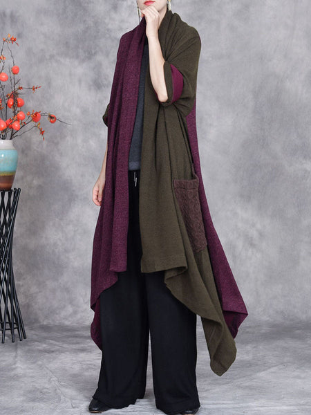 Women Autumn Artsy Irregular Colorblock V-Neck Cardigan Coat BA1057 Genistyle Shop