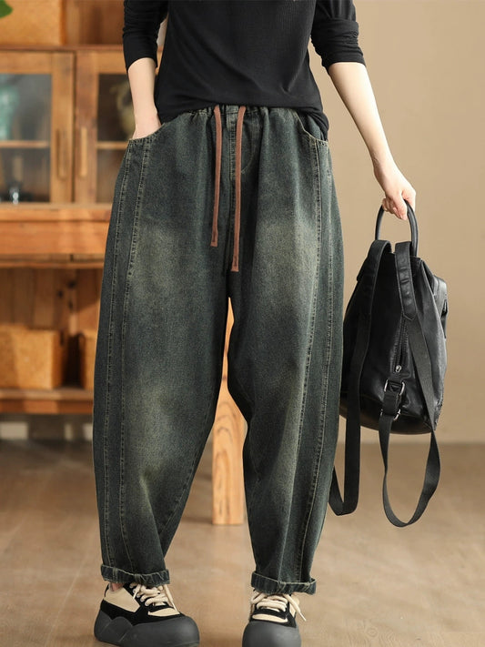 Women Autumn Retro Spliced Washed Denim Harem Pants BA1064 Genistyle Shop