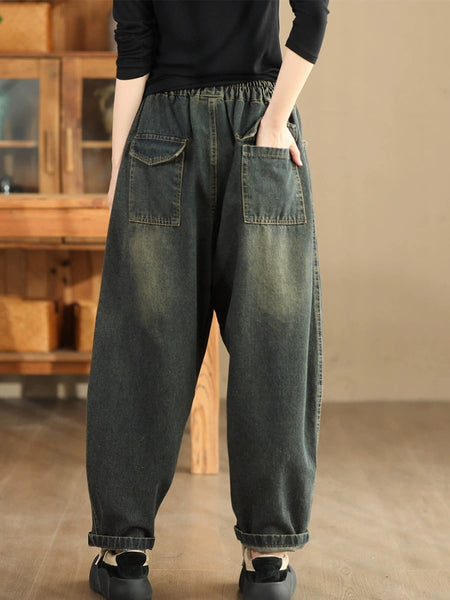 Women Autumn Retro Spliced Washed Denim Harem Pants BA1064 Genistyle Shop