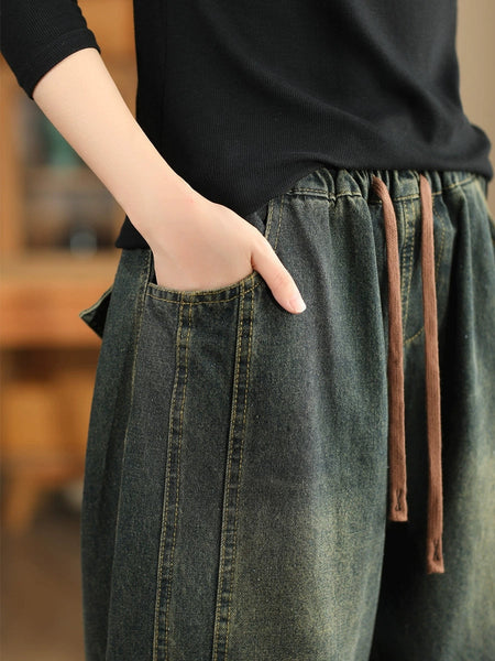 Women Autumn Retro Spliced Washed Denim Harem Pants BA1064 Genistyle Shop
