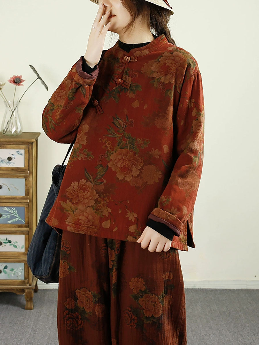 Women Ethnic Autumn Flower Buckle Cotton Stand Collar Coat BA1070 Genistyle Shop