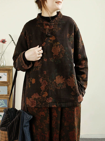 Women Ethnic Autumn Flower Buckle Cotton Stand Collar Coat BA1070 Genistyle Shop