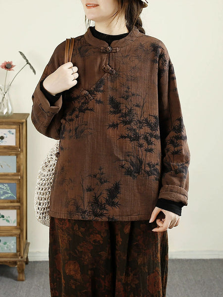 Women Ethnic Autumn Flower Buckle Cotton Stand Collar Coat BA1070 Genistyle Shop