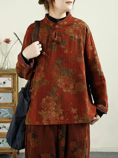 Women Ethnic Autumn Flower Buckle Cotton Stand Collar Coat BA1070 Genistyle Shop