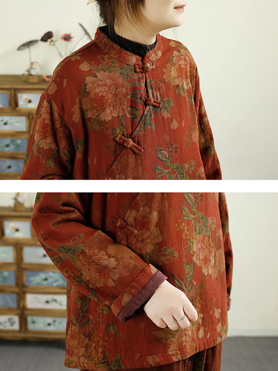 Women Ethnic Autumn Flower Buckle Cotton Stand Collar Coat BA1070 Genistyle Shop