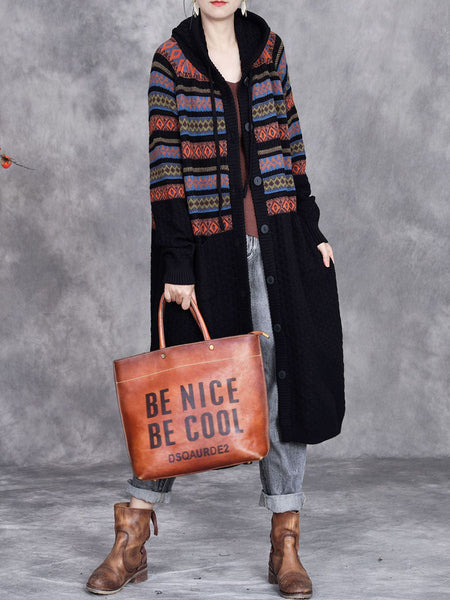 Women Autumn Artsy Stripe Hooded Knit Cardigan Coat WG022 BK