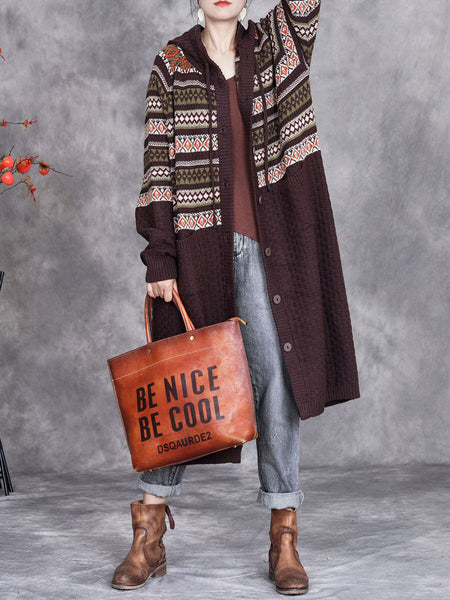 Women Autumn Artsy Stripe Hooded Knit Cardigan Coat WG022 BK