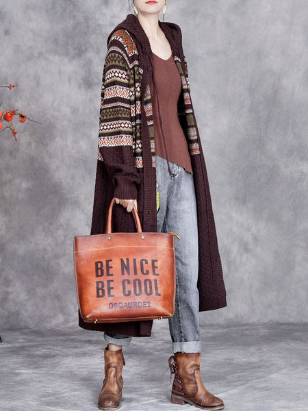 Women Autumn Artsy Stripe Hooded Knit Cardigan Coat WG022 BK