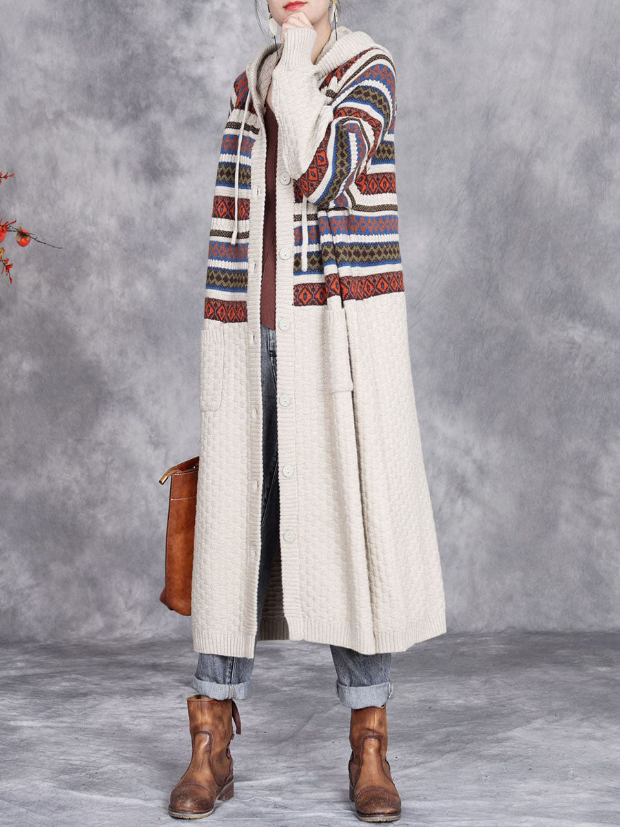 Women Autumn Artsy Stripe Hooded Knit Cardigan Coat WG022 BK