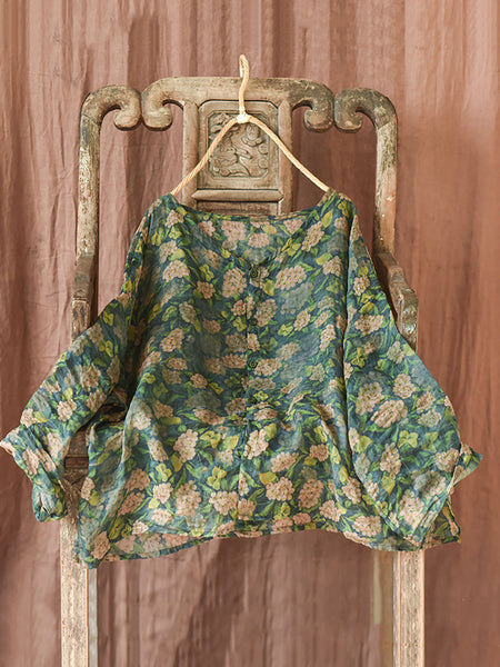 Women Autumn Artsy Floral Ramie Button-up Blouse QU033 BK