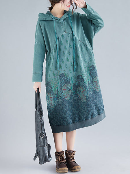 Women Ethnic Autumn Print Hooded Cotton Dress QU023 BK