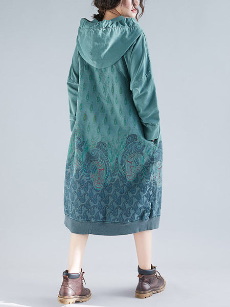 Women Ethnic Autumn Print Hooded Cotton Dress QU023 BK