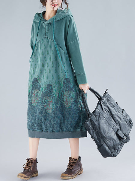 Women Ethnic Autumn Print Hooded Cotton Dress QU023 BK