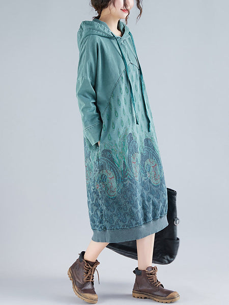 Women Ethnic Autumn Print Hooded Cotton Dress QU023 BK
