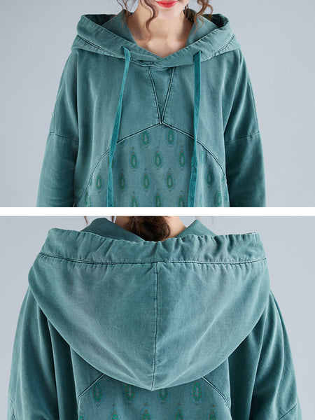 Women Ethnic Autumn Print Hooded Cotton Dress QU023 BK