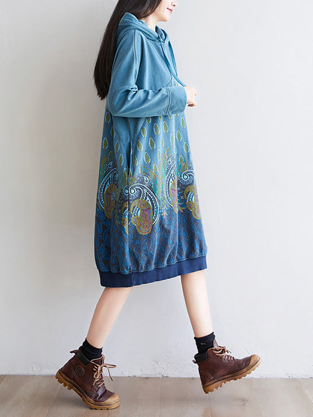 Women Ethnic Autumn Print Hooded Cotton Dress QU023 BK